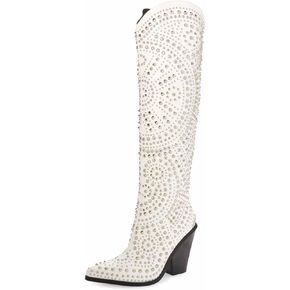 FSJ Women Cowboy Boots Pointed Toe Studded Rivets Knee High Boots Block Heels Western Wedding Date Travel Dress Shoes Size 4-16 US