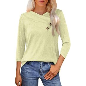 3/4 Length Sleeve Womens Tops V Neck Button Down Tees Solid Color T Shirt Loose Blouses Summer Trendy Tunics