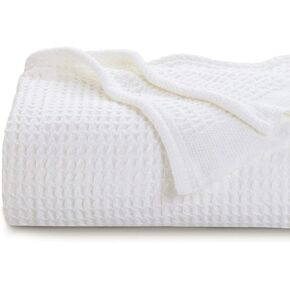 White Waffle Weave Soft Lightweight Queen Size Bed Blanket, 90x90in - 100% Cotton, Travel Blanket, Throw Blanket for Sofa, Bed, Couch 85012000070