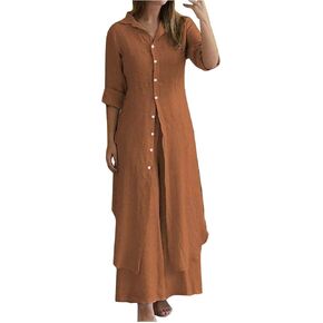 Women 2 قطعة من الكتان القطن مجموعة كبيرة الحجم أسفل القمصان الطويلة Maxi Maxi وملابس عمل واسعة الساق العمل