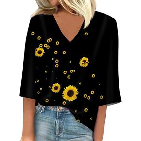 3/4 Sleeve T Shirts for Women V Neck 3/4 Sleeve Pullover Floral Print Baggy T Shirts Business Cute Work Tops