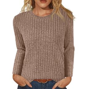 Ribbed Long Sleeve Tops for Women Knit Sweater Oversized Shirts Round Neck Blouses Fall Fashion 2024 Clothes