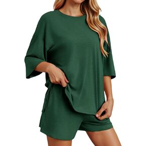 Womens 2 Piece Lounge Sets Solid Casual Outfits Oversized 3/4 Sleeve T Shirts and Shorts Lounge Sets for Women Summer