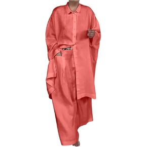 Womens 2 Piece Outfits Long Sleeve Lapel Button Down Shirts Long Tops and Wide Leg Pants Trousers Loose Lounge Sets