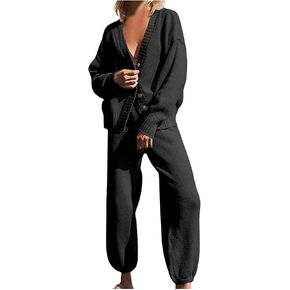 Womens 2 Piece Sweater Sets Sexy Knit Button Down Outfits V Neck Long Sleeve Tops and Long Pants Lounge Cute Set