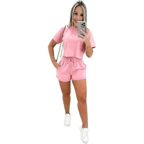 Two Piece Outfits for Women 2025 Round Neck Short Sleeve Top And Shorts Set