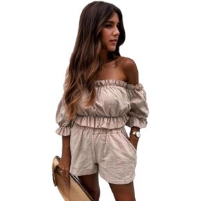 Two Piece Sets for Women Casual Ruffle Off Shoulder Top High Waisted Shorts Vacation Outfits Going Out Streetwear