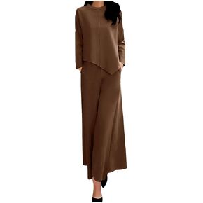 2 Piece Pants Set for Women Long Sleeve Irregular Hem Pullover Top Wide Leg Trousers Fall Winter Fashion Matching Sets