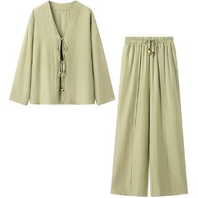 Lounge Sets for Women 2 Piece Outfit Long Sleeve V Neck Tie Front Shirts Top and Drawstring Wide Leg Pants Matching Set