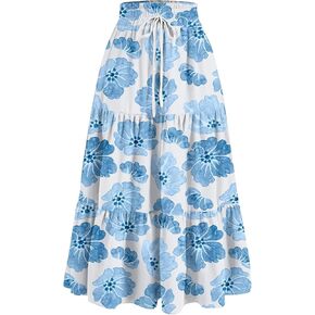 Maxi Skirts for Women 2025 Spring Summer Trendy Elastic Waist Floral Flowy Long Skirt Beach Vacation Clothes