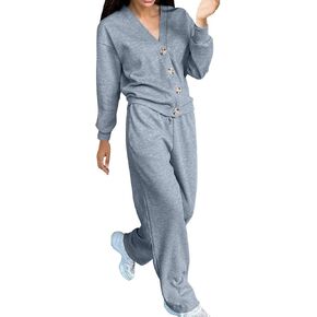 Womens 2 Piece Sweatsuits Long Sleeve V Neck Button Down Tops and Jogger Pant Fall Winter Trendy Lounge Sets Plus Size
