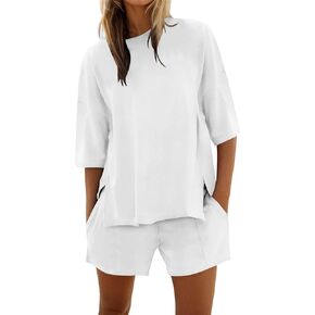 Womens Shorts Set 2 Piece Outfits Plus Size Summer 2025 Half Sleeve Crew Neck Cotton Lounge Sets Matching Clothing Beach