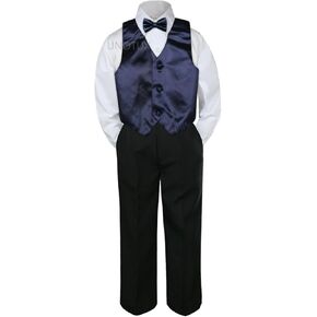 4pc Formal Baby Teens Boy Navy Blue Vest Bow Tie Black Pants Suit S-14