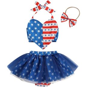 Yccutest 4th of July Baby Girl Outfit Newborn Patriotic Outfits Girl Heart Crop Cami Top Mesh Tutu Skirt Shorts with Headband