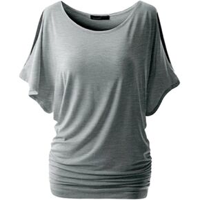Womens T-Shirts with Side Shirring Batwing Sleeve Crewneck Draped Summer Tops Solid Color Loose Casual Blouses