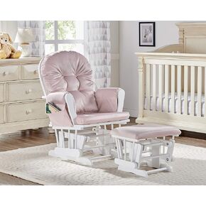 Comfortable Glider and Ottoman for Nursery, Smooth Rocking Motion, Plush Cushions, White Wood and Pink Fabric, Contemporary Design