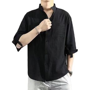 Men's Cotton Linen Shirt Solid Plain Roll-Up Sleeve Summer Beach Shirts Casual Button Down Yoga Shirt Tops