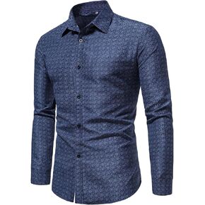 Men Jacquard Long Sleeve Button Down Shirts Printed Turn-Down Collar Slim Shirt Stylish Floral Business Dress Shirts