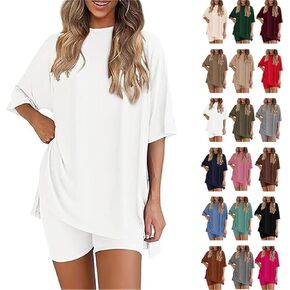 Frunqui Two Piece Set for Women, Round Neck Short Sleeves Drop Shoulder Shorts 2 Piece, Summer Womens Shorts Sets