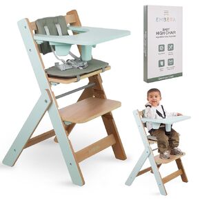 Convertible Baby High Chair for Babies and Toddlers, Organic German Wood, Foot Rest, Cushion, 5 Point Harness, Cotton bib, 90 Degree Position, Wooden Baby Essentials, Hand Made, Easy to Clean