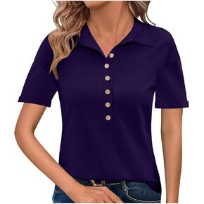 Womens Summer Tops Collared Button V Neck Short Sleeve Shirts Business Work Casual Loose Fit Tshirts Fashion Outfits