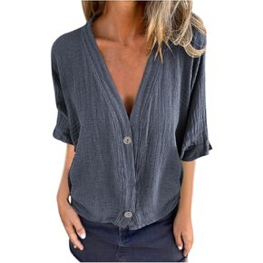 Women's Cotton Linen Short Sleeve Cardigan Tops Lightweight Open Front Button Down Shirts Tee Tshirt Summer Outfits