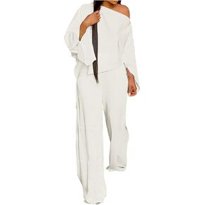 Women's Casual 2 Piece Outfits Off Shoulder Batwing Long Sleeve Shirt Solid Loose Top and Wide Leg Pants Loose Sets