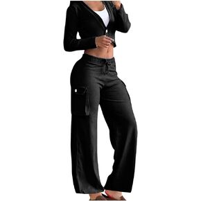 2 Piece Outfits for Women Casual Button Down Long Sleeve Shirt Tops and Cargo Long Pants Tracksuit Jogger Lounge Sets