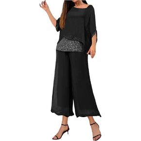Two Piece Sets for Women Chiffon Batwing Short Sleeve Sequin Shirt Wide Leg Pants Loose Evening Formal Dress Outfits