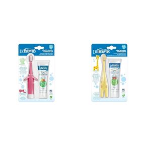 Dr. Brown's Infant-to-Toddler Toothbrush Sets, Pink Elephant & Giraffe with Fluoride-Free Baby Toothpastes, 0-3 Years