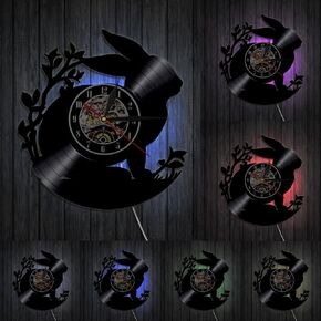 Rabbit Silhouette Wall Clock Woodland Animal Nursery Art Baby Room Vinyl Record Wall Clock Bunny Decorative Clock Kids Without LED, Black