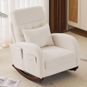 VINGLI Olive Chenille Rocking Chair Nursery with Thick Headrest, Upholstered Mid-Century Modern Nursing Rocker Glider with Curved Armrest, Sturdy Solid Wood Base for Living Room, Bedroom, Baby Room
