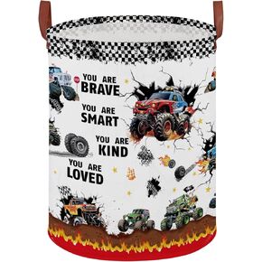 Monster Trucks Laundry Hamper Basket Kid Gift Toy Bin Empty Car Nursery Decor Hamper Rectangular Shelf Storage Basket Collapsible Clothes Book Organizer Bin for Boy (Monster Trucks-Fire)