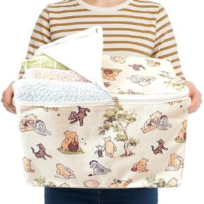 Sweet Baby Co. Classic Winnie Pooh Storage Nursery Basket With Zipper Cover Lid, Bottom Large Square Canvas Cotton Laundry Hamper Bin Foldable Bathroom Bedroom Stuff Baby Clothes Toys Vintage Decor