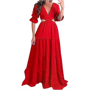 Women's Waist Flared Sleeve Solid Color Fashion Personality V Neck Party Mid Length Dress Christmas Eve Dress