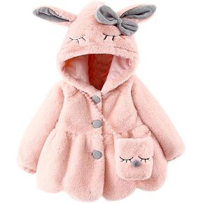 Infant Baby Girls Winter Coat Faux Fur Fleece Jacket Bunny Ear Hooded Coat with Bag Thick Button up Bubble Jacket