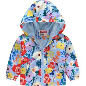 Toddler Boys Girls Floral Print Zip Jacket Hooded Trench Lightweight Kids Rain Coats Windbreaker Casual Outerwear
