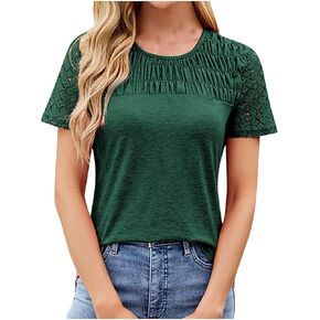 Women's Short Sleeve Dressy Tops Lace Eyelet Pleated Summer Tops Trendy Casual T-Shirts Cute Work Outfits Blouses