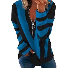Women's Quarter Zipper Print Fall Sweaters Color Block Long Sleeve V Neck Pullover Casual Loose Tunic Knit Tops
