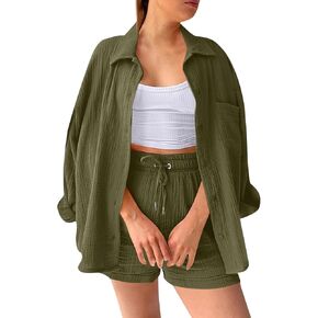 2 Piece Sets for Women Summer Long Sleeve Button Up Cardigan Shirts Drawstring High Waisted Shorts Baggy Tracksuits