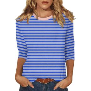 3/4 Length Sleeve Women Tops Round Neck Summer Striped Shirts Dressy Casual Tunic Tops Trendy Blouses