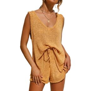 Women 2 Piece Knit Outfits Coquette Summer Sweater Shorts Sets Crochet Sleeveless Crop Tops and Drawstring Lounge Set