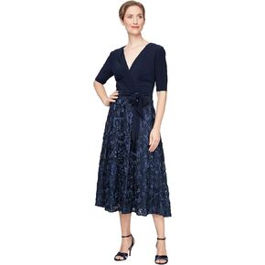 Alex Evenings Women's Plus Size Tea Length Dress with Rosette Detail