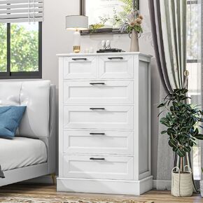 Odeekea White Dresser مع 6 أدراج ، خزانة رأس رأسية طويلة لغرفة النوم ، وصدر من الأدراج للحضانة ، وأدراج خزانة خشبية للمرق ، وغرفة المعيشة ، ودخول ، 47 "طراز مزرعة حديث طويل القامة