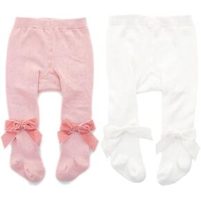 Newborn Baby Girls Tights Infant Toddler Girls Leggings Velvet Bowknot Warm Cotton Stockings Pant Baby Tight Socks (S(0-12 Months), White & Pink-2 pack)