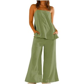 Women's 2 Piece Lounge Outfits Spaghetti Strap Button Down Cami Top and Wide Leg Pants Casual Loose Summer Beach Sets
