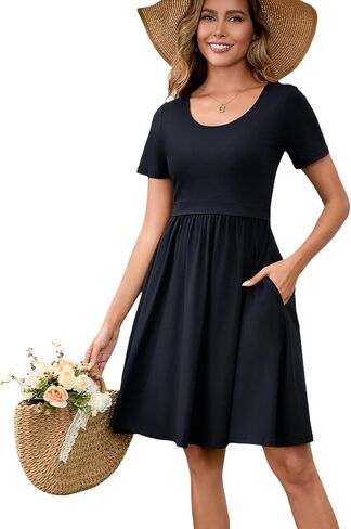 Women's Nursing Dresses Breastfeeding Summer Comfortable Cotton Short Sleeve Breastfeeding Dress with Pockets in Kuwait