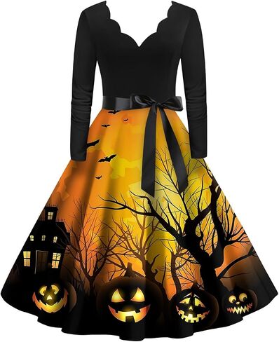 FlekmanArt Black Dresses for Women V Neck A-Line Dress Long Sleeve Halloween Fun Printed Tunic Dress Fall Dressy Dresses in Kuwait