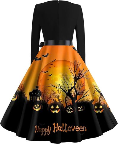 FlekmanArt Black Dresses for Women V Neck A-Line Dress Long Sleeve Halloween Fun Printed Tunic Dress Fall Dressy Dresses in Kuwait