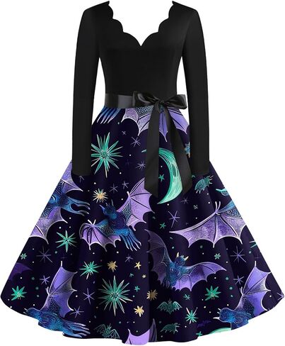 FlekmanArt Black Dresses for Women V Neck A-Line Dress Long Sleeve Halloween Fun Printed Tunic Dress Fall Dressy Dresses in Kuwait